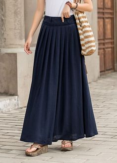 "Get dressed and out of the door in classic good looks with this pleated Long maxi skirt, crafted with soft cotton linen fabric, featuring pleated waist detail and two big pockets. DETAIL * 50% linen, 50% cotton * Has no lining, Not see through * Pleated around waist * Two side seam pockets * Belt loops on waistband * Right Side zipper closure * Perfect for spring and summer, spring, autumn * Need Help how to select the size, Just Leave Your usual wear size Height Weight Waist Hips SIZE GUIDE Si Spring A-line Maxi Skirt With Pleated Waist, Casual Cotton Skirt With Pleated Waist, Blue Pleated Hem Skirt For Summer, Casual A-line Pleated Maxi Skirt, Spring Cotton Maxi Skirt In Solid Color, Spring Pleated Waist Long Maxi Skirt, Spring Cotton Maxi Skirt Solid Color, Summer Pleated Waist Maxi Skirt, Summer Long Pleated Skirt With Pleated Hem