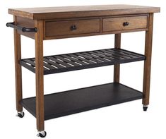 a wooden table with two drawers and wheels on the bottom shelf, against a white background