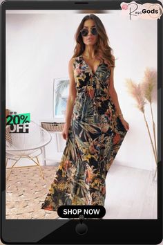 Tropical Print V-neck Spaghetti Strap Maxi Dress Chiffon Style, Strap Maxi Dress, Fresh Dress, Spaghetti Strap Maxi Dress, Chiffon Fashion, Dresses By Length, Tropical Print, Long Maxi Dress, Women's Fashion Dresses