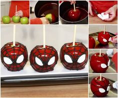 the instructions for making spiderman apples are shown in several different pictures, including an apple with