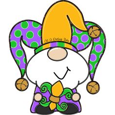 a drawing of a clown with purple and green polka dots