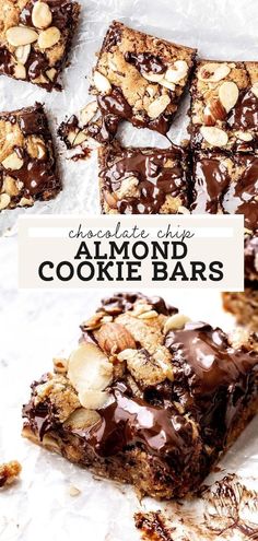 chocolate chip almond cookie bars with text overlay