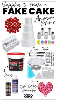 cake decorating supplies including cupcakes, icing, and other items to make a cake