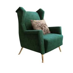 a green chair with a pillow on it's back and some wood legs in front