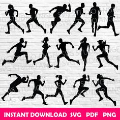 the silhouettes of running people are shown in black and white on a brick wall