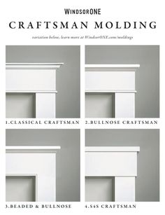 four different types of windows with the words craftsman molding written in black and white