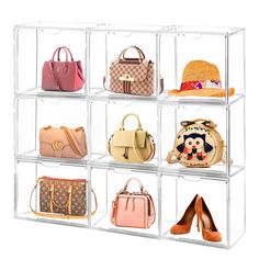 six clear shelves with purses and handbags on them