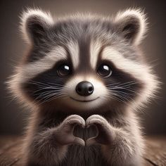 a raccoon is making a heart shape with its hands while sitting on a table