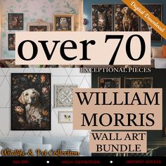 the cover of over 70 exceptional pieces by william morris wall art bundle is shown