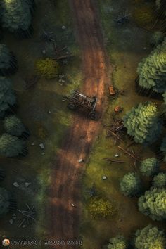 an aerial view of a dirt road in the woods