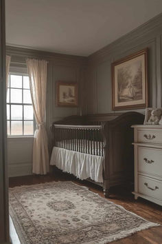 a baby's room with a crib, dresser and rug in the foreground