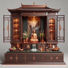 a buddha statue sitting on top of a wooden cabinet