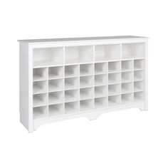 a white bookcase with lots of shelves on the top and bottom shelf, in front of a white background