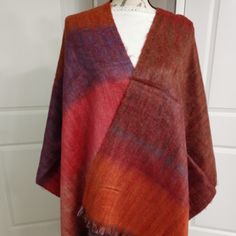 Artisanal Handcrafted Multi Color Shawl Alpaca Blend, Boutique Quality, Furry Texture, Gorgeous Color Combination. Handmade In Ecuador By A Skilled Artisan Weaver. 25" Wide 75" Long Including Fringe Handwoven Shawls, Shrug Sweater, Color Combination, Ponchos, Orange Red, Ecuador, Color Combinations, Alpaca, Shawl