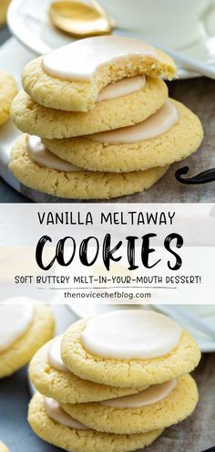 vanilla meltaway cookies are stacked on top of each other