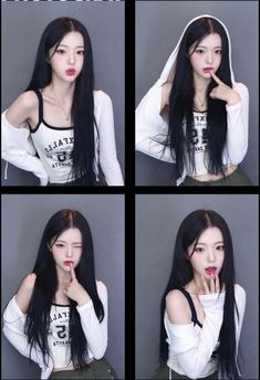 four different pictures of a woman with long black hair and wearing white shirt, posing for the camera