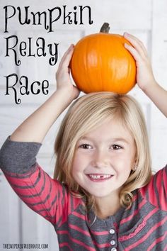 Gross motor actiivty: Pumpkin Relay Race Ready, set, go. Gotta keep that pumpkin moving. Fun Indoor Games For Kids, Race For Kids, Harvest Games, Pumpkin Games, Fall Games, Relay Races