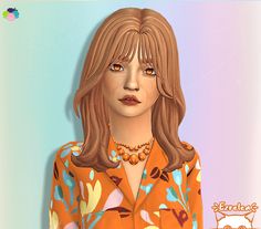 a digital painting of a woman wearing an orange shirt and necklace with flowers on it