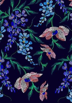 a blue and pink floral pattern on a black background with green leaves, flowers and buds