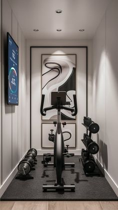 there is a gym with exercise equipment in the room and an art work on the wall