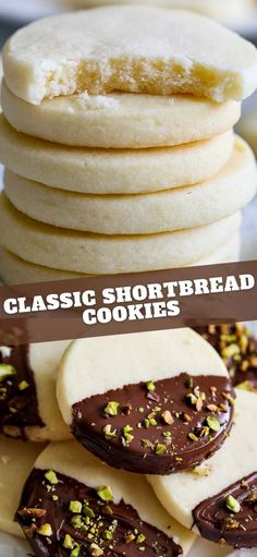 several different types of shortbread cookies stacked on top of each other with chocolate and pistachio toppings