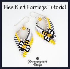 a pair of beaded earrings with the words bee kind earings tutorial on it