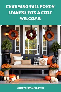 Charming fall porch decorated with pumpkins, candles, and cozy seating. Fall Porch Leaners, Front Door Apartment Decor, Fall Porch Signs, Cozy Front Porch Ideas, Rustic Fall Porch, Fall Porch Decorating Ideas, Fall Porch Ideas, Door Stand