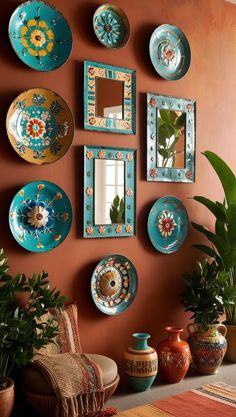 colorful plates are hanging on the wall near potted plants and other decorative items in front of a mirror