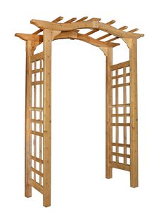 an outdoor wooden arbor with lattices on the top and bottom part, set against a white background