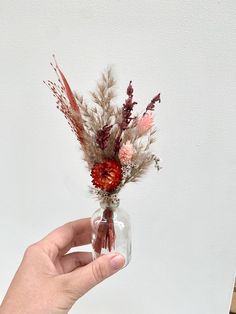 a hand holding a vase with dried flowers in it