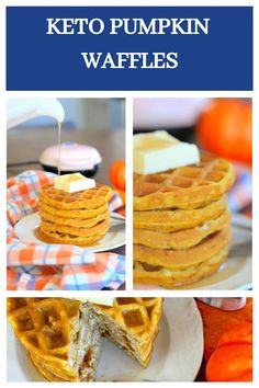 keto pumpkin waffles with butter on top, and the words keto pumpkin waffles