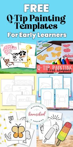 the free q tip painting templates for early learners is shown with pictures and text