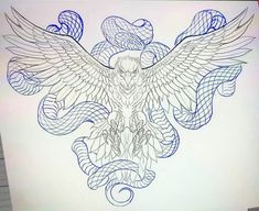 a drawing of an owl with wings and snakes on it's back, sitting on top of a piece of paper