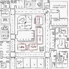 a drawing of a floor plan that is drawn in graph paper with red marker on it