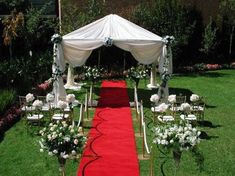 an outdoor ceremony setup with red carpet and white flowers