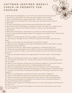 This worksheet offers 30 Gottman-inspired weekly check-in prompts for couples. These prompts are designed to foster open communication, enhance emotional intimacy, and help couples connect on a deeper level as they reflect on their relationship and experiences throughout the week. Communication Help For Couples, Couples Weekly Check In, Couples Check In Worksheet, Monthly Relationship Check In Questions, Monthly Couple Check In Questions, Gottman Method Worksheets, Goals For Relationships, Couples Therapy Worksheets Communication, Gottman Worksheets