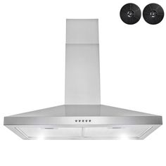 a stainless steel range hood with two lights on each side and an exhaust fan in the middle