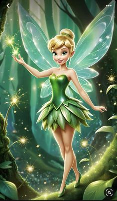 tinkerbell from the disney movie is standing in front of a forest with green leaves