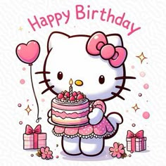 hello kitty holding a birthday cake with pink balloons and gifts around it, on a white background