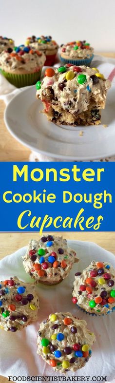 monster cookie dough cupcakes with m & m sprinkles on top