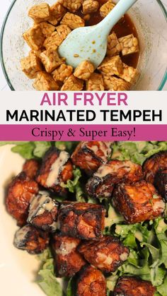 the ingredients for marinated tempeh in a bowl, including lettuce and chicken