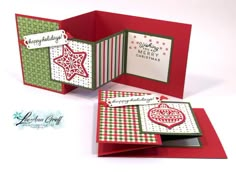 two christmas cards are open to show the inside of each card, which is decorated with red and green paper