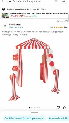 a red and white striped tent with balloons on the front, and an advertise for