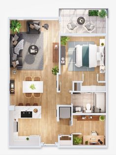 an overhead view of a two bedroom apartment