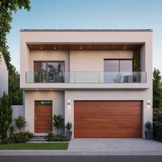 a two story house with wooden garage doors