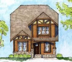 this is an artist's rendering of a house in the country style with wood trim and windows