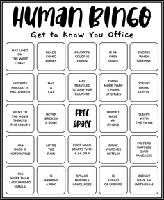 a black and white poster that says human bingo get to know you office free space