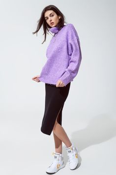 Our Cozy Purple Turtleneck Sweater is a stylish and comfortable addition to your wardrobe, ideal for everyday wear and keeping you warm during the cooler months. Trendy Purple Hue: The sweater comes in a beautiful shade of purple, a trendy and versatile color that adds a touch of elegance to your daily outfits. Luxurious Fabric Blend: Made from a blend of 51% Acrylic, 46% Polyester, and 3% Wool, this sweater is incredibly soft and comfortable, perfect for all-day wear. Classic Turtleneck Design: Lavender Knit Sweater For Fall, Cozy Lavender Sweater For Fall, Cozy Spring Turtleneck, Cozy Lavender Fall Sweater, Trendy Lavender Sweater For Fall, Trendy Lavender Fall Sweater, Trendy Funnel Neck Turtleneck, Trendy Turtleneck With Funnel Neck, Casual Lavender Sweater For Fall