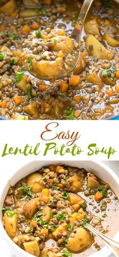 a bowl filled with lentula potato soup next to another bowl full of potatoes and carrots