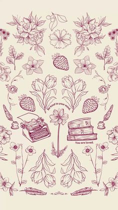 an old fashioned typewriter surrounded by flowers and other things on the page, with words written